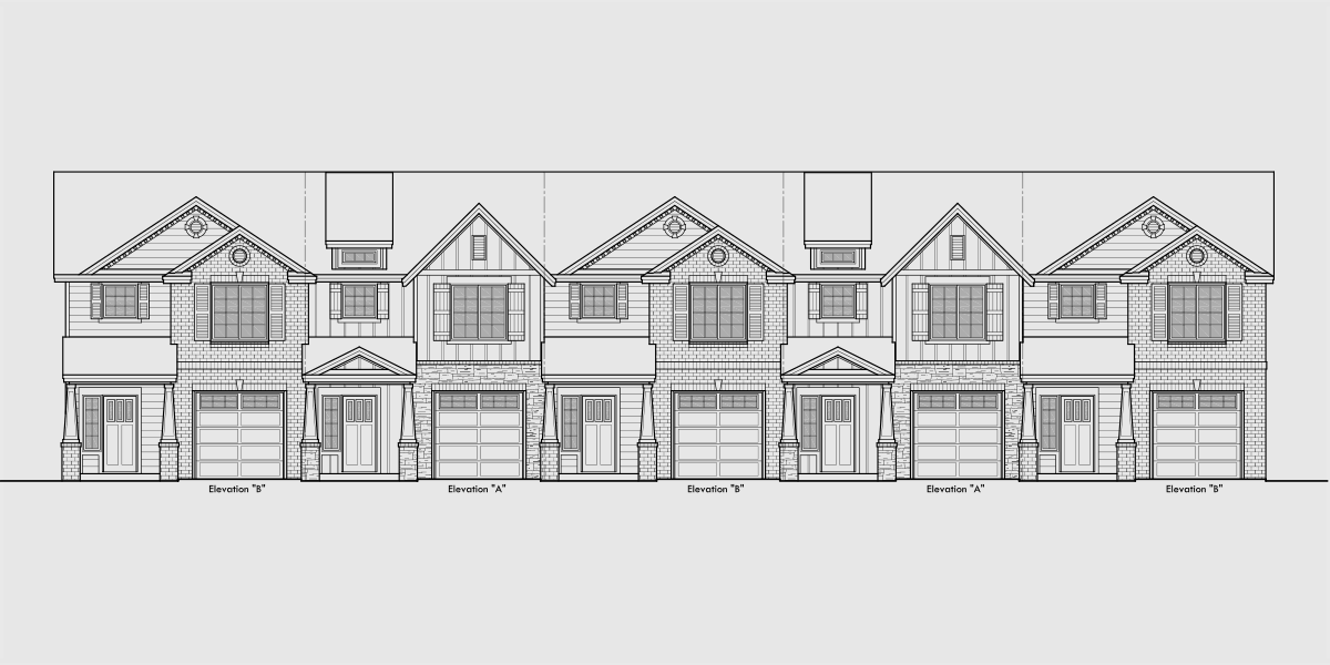 House side elevation view for FV-605 Custom 5 Plex Townhouse Plan