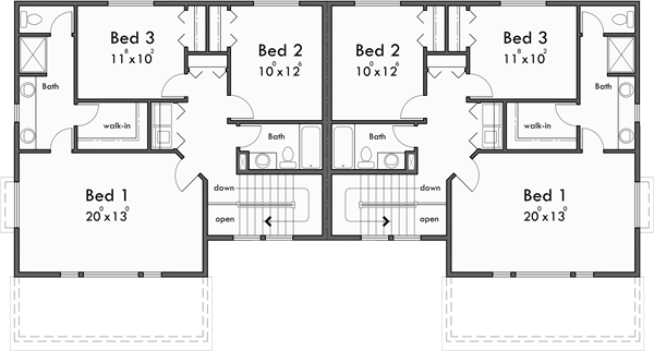 Upper Floor Plan for D-657 Large Duplex Beach House Plan 