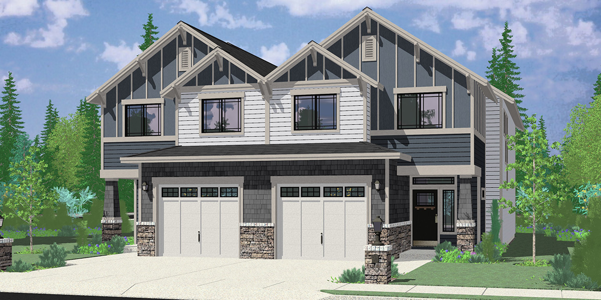 House front color elevation view for D-651 Townhouse Duplex Plan