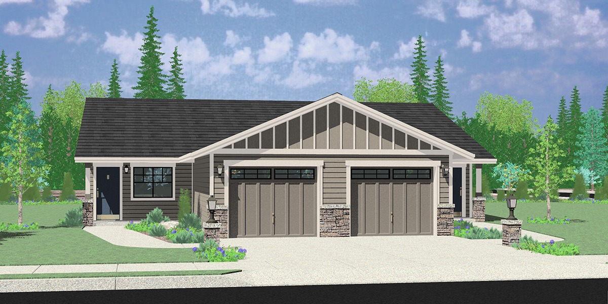 House front color elevation view for D-659 Single Level Ranch Duplex House Plan D-659