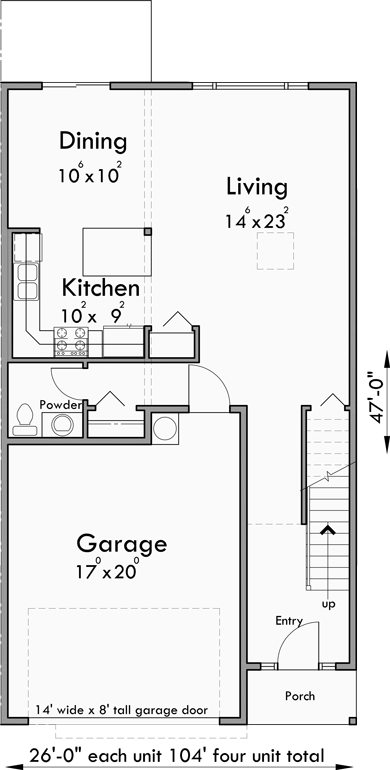 Main Floor Plan for F-609 Modern 4 Unit Town House Plan F-609