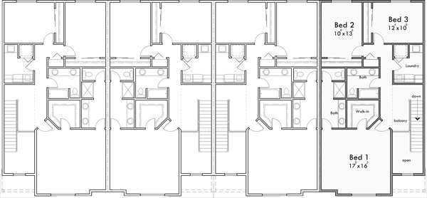 Upper Floor Plan 2 for Modern 4 Unit Town House Plan F-609