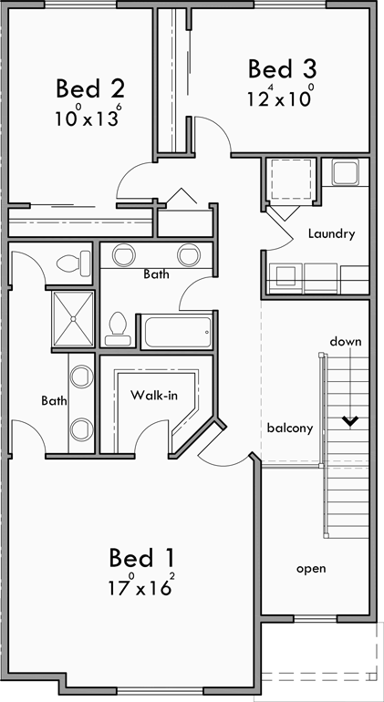 Upper Floor Plan for F-609 Modern 4 Unit Town House Plan F-609