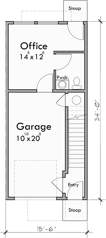 Lower Floor Plan for S-741 6 Row, 3 Story, Narrow Townhouse Plans with Office S-741