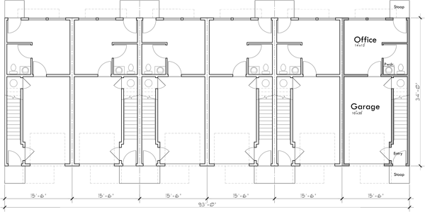 Lower Floor Plan 2 for 6 Row, 3 Story, Narrow Townhouse Plans with Office S-741