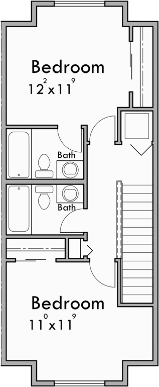 Upper Floor Plan for S-741 6 Row, 3 Story, Narrow Townhouse Plans with Office S-741