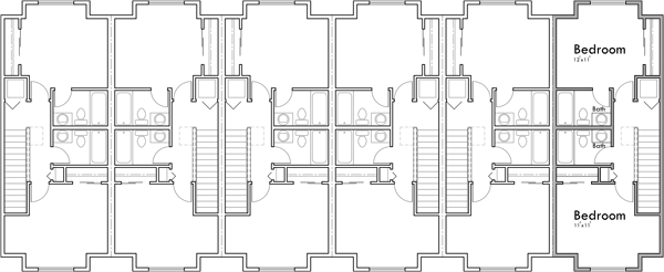 Upper Floor Plan 2 for 6 Row, 3 Story, Narrow Townhouse Plans with Office S-741