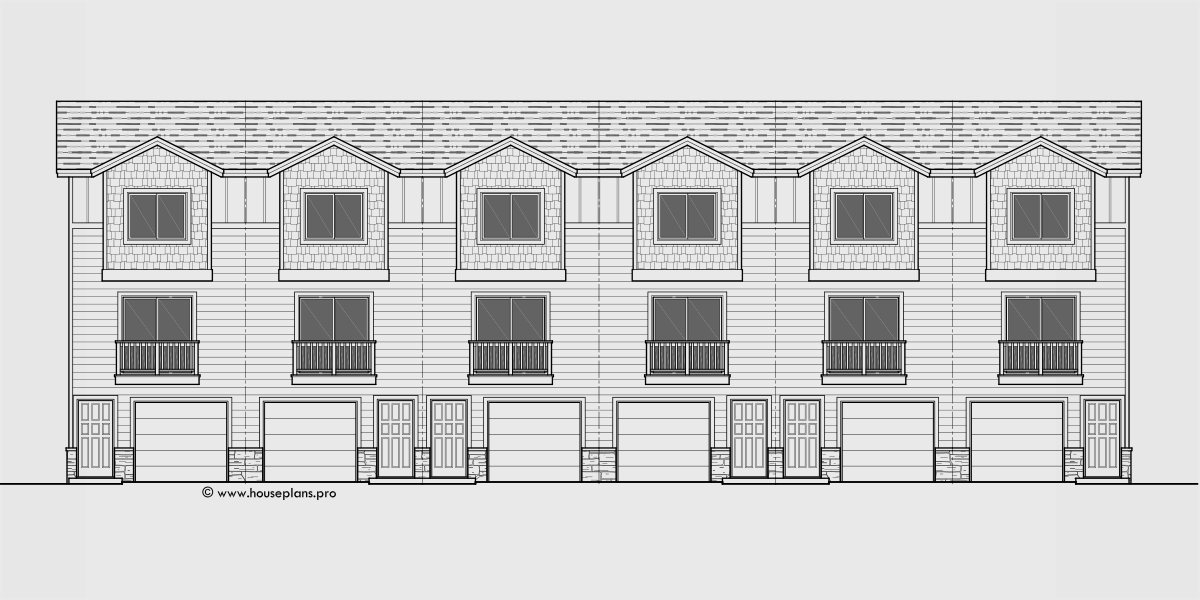 House side elevation view for S-741 6 unit row house plans, townhouse plans, narrow lot plans, with office, S-741