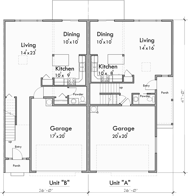 Main Floor Plan for F-610 Luxury townhouse plan with 2 car garage F-610