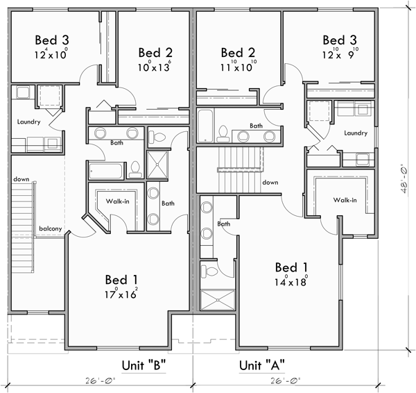 Upper Floor Plan for F-610 Luxury townhouse plan with 2 car garage F-610