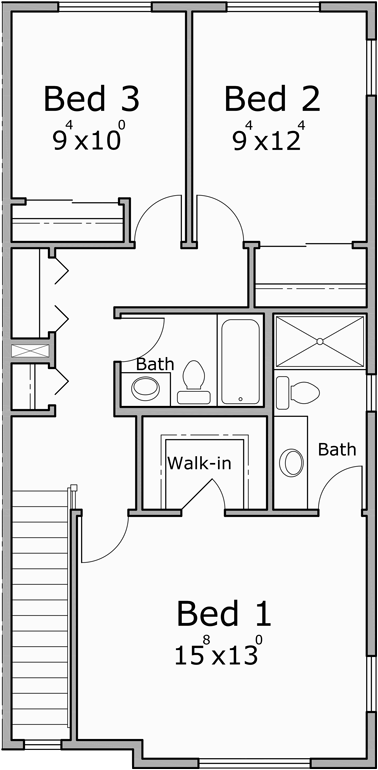 Upper Floor Plan for F-611 4 unit town house plan with bonus area F-611