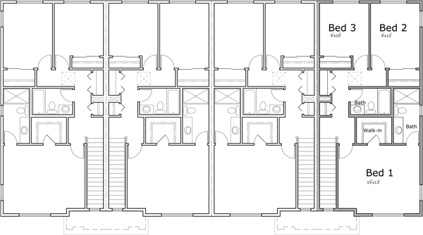 Upper Floor Plan 2 for 4 unit town house plan with bonus area F-611