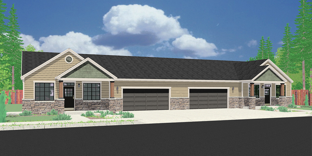 House front color elevation view for D-649 One level ranch duplex design 3 car garage D-649