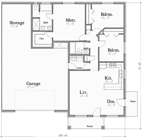 Main Floor Plan for D-649 One level ranch duplex design 3 car garage D-649