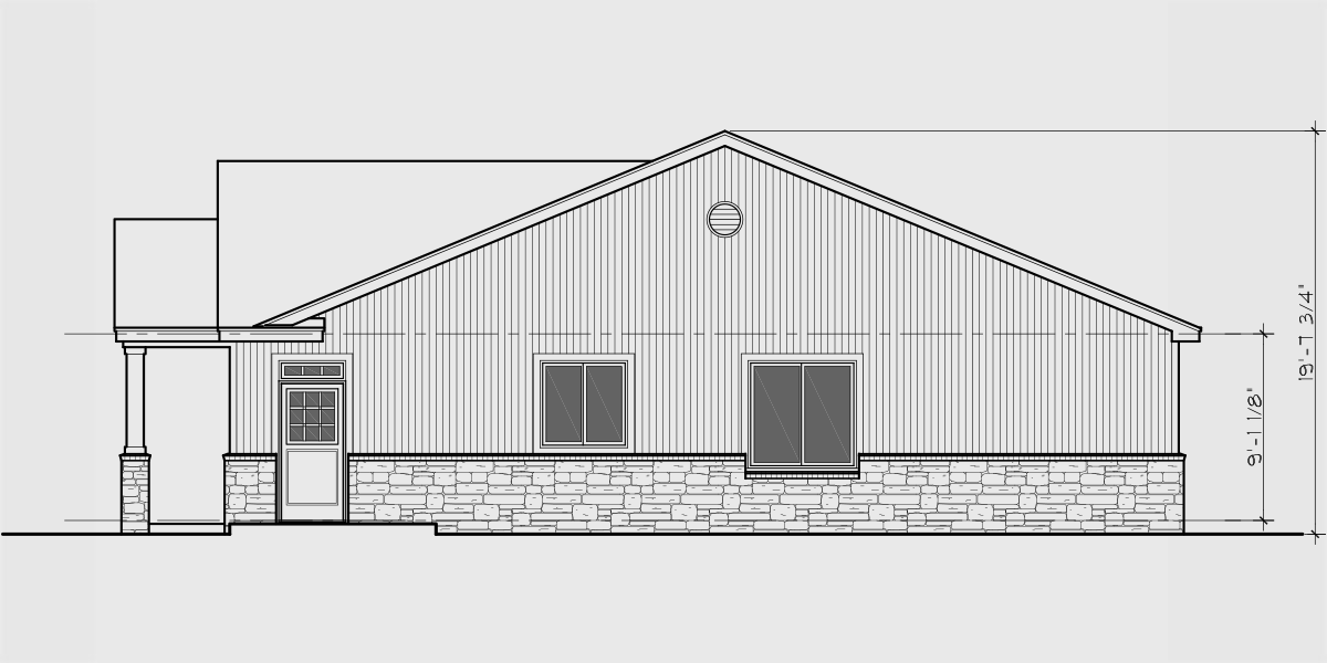 House rear elevation view for D-649 One level ranch duplex design 3 car garage D-649