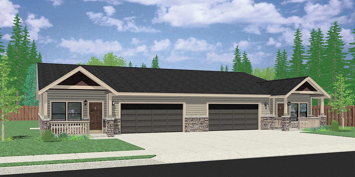 Ranch Duplex Home Design With 3 Car Garage