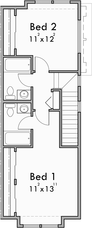 Upper Floor Plan for D-642 Narrow town house plan D-642