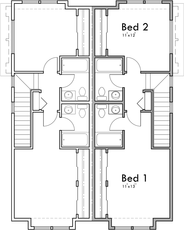 Upper Floor Plan 2 for Narrow town house plan D-642