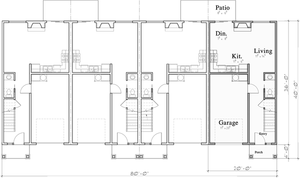 Main Floor Plan for F-600 Easy To Build Four Plex F-600