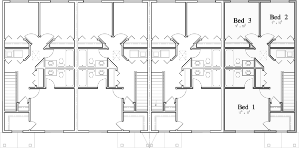 Upper Floor Plan for F-600 Easy To Build Four Plex F-600