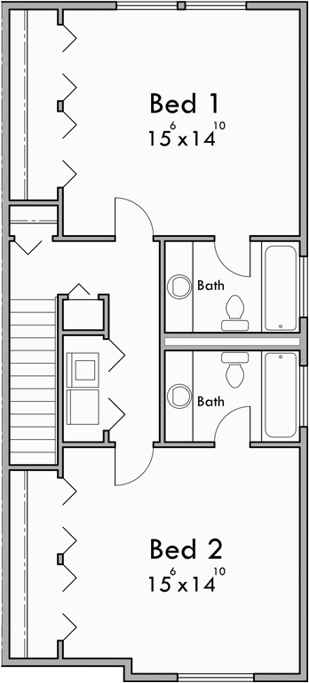 Upper Floor Plan for D-662 Double Master Bedroom, Town House duplex D-662