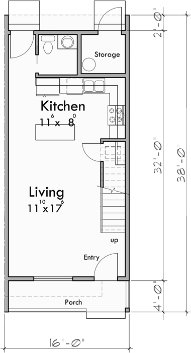 Main Floor Plan for F-615 Four Plex House Plan: 2 Master Bedrooms and a Porch F-615