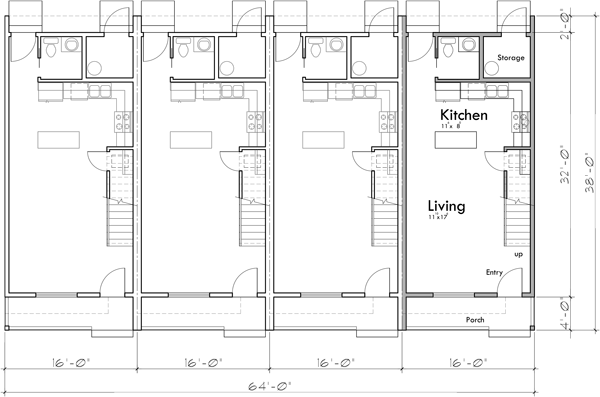 Main Floor Plan 2 for F-615 Four Plex House Plan: 2 Master Bedrooms and a Porch F-615