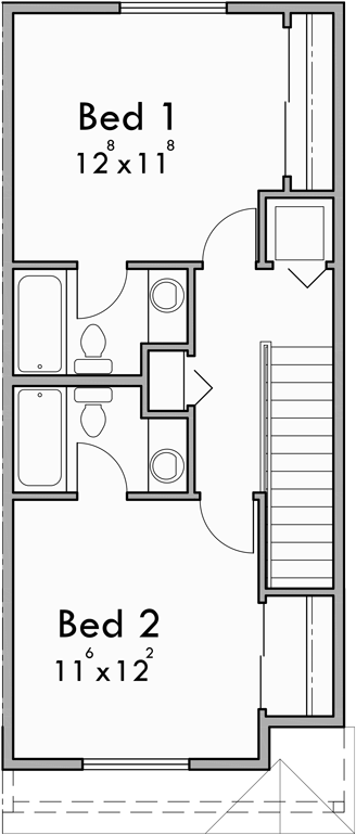 Upper Floor Plan for F-615 Four Plex House Plan: 2 Master Bedrooms and a Porch F-615