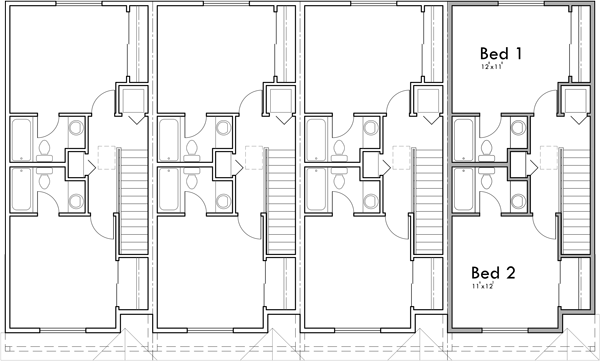 Upper Floor Plan 2 for Four Plex House Plan: 2 Master Bedrooms and a Porch F-615