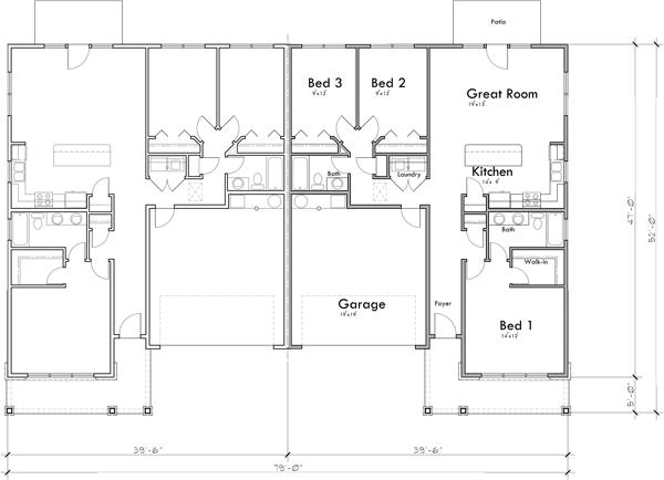 Main Floor Plan 2 for D-666 Single Level Duplex Housing Plan: 2 Car Garage & 3 Bedrooms D-666