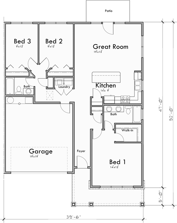 Main Floor Plan for D-666 Single Level Duplex Housing Plan: 2 Car Garage & 3 Bedrooms D-666