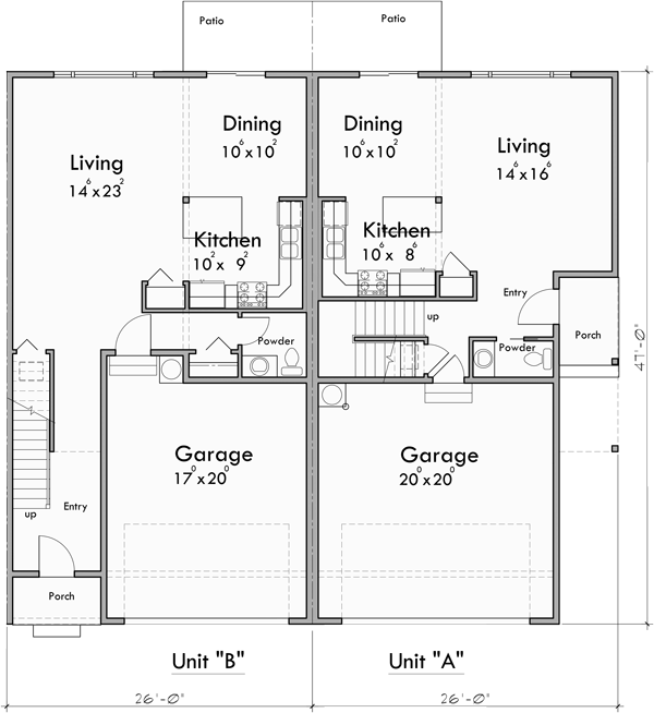 Main Floor Plan for F-614 Two Story Modern Town House Plan with 2 Car Garage F-614