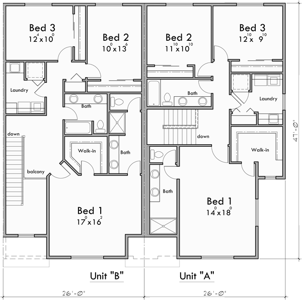 Upper Floor Plan for F-614 Two Story Modern Town House Plan with 2 Car Garage F-614