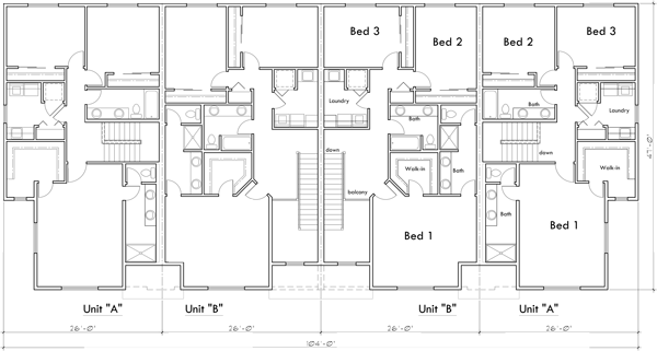 Upper Floor Plan 2 for Two Story Modern Town House Plan with 2 Car Garage F-614