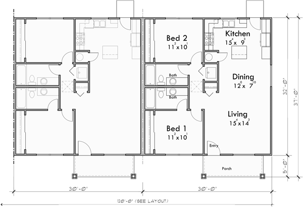 Main Floor Plan for F-618 One Level 4 Plex Townhouse Housing Plan: 2 Bed, 2 Bath F-618 
