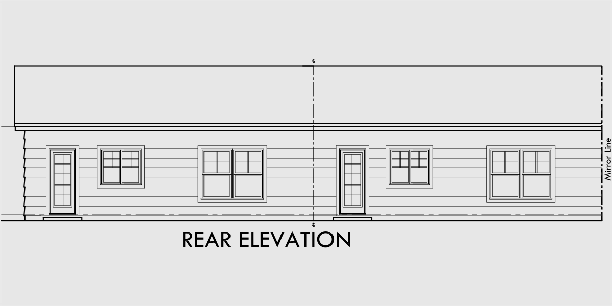 House rear elevation view for F-618 One level single story 2 bed 2 bath 4 plex town house F-618