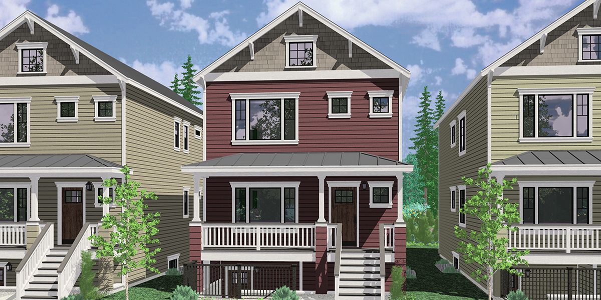 T-429 Narrow Lot Triplex House Plan (Stacked Units) T-429