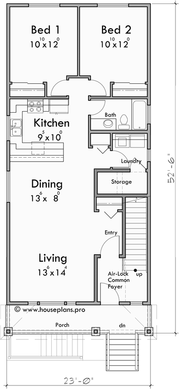 Main Floor Plan for T-429 Narrow Lot Triplex House Plan (Stacked Units) T-429