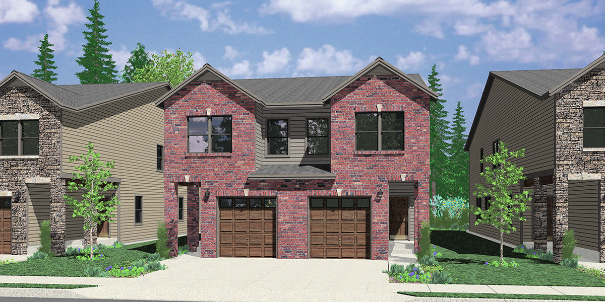 D-667 Narrow Town House Duplex Plan with 2 Single Car Garages D-667