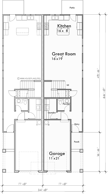 Main Floor Plan for D-667 Narrow Town House Duplex Plan with 2 Single Car Garages D-667