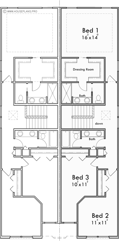 Upper Floor Plan for D-667 Narrow Town House Duplex Plan with 2 Single Car Garages D-667