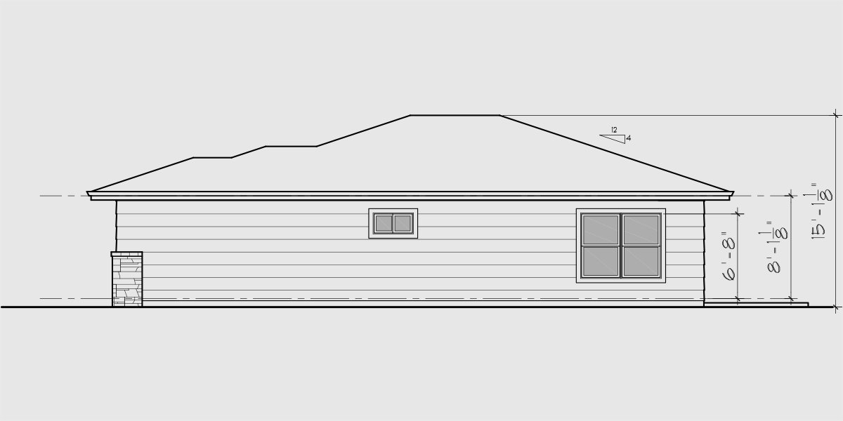 House rear elevation view for 10202 Small house plan, two master bedrooms, 10202