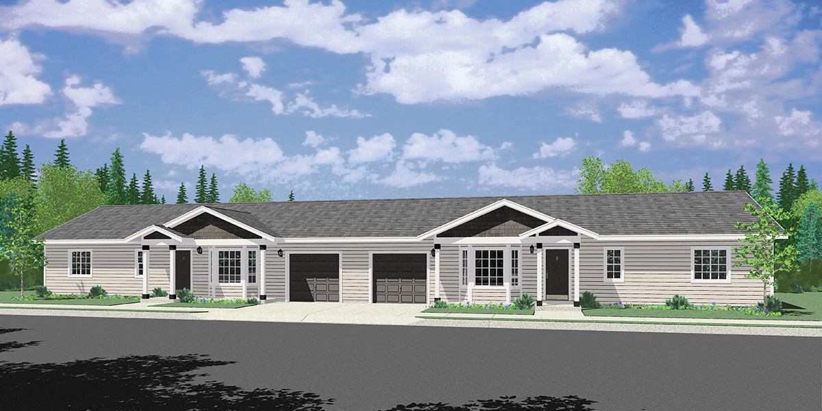 House front color elevation view for D-643 3 bedroom 2 bath ranch duplex house plan, D-643