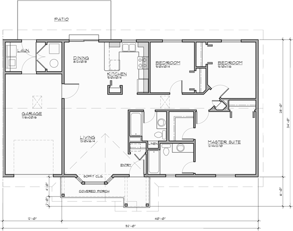 Main Floor Plan for D-643 Ranch Duplex House Plan: 3 Bedroom, 2 Bath D-643