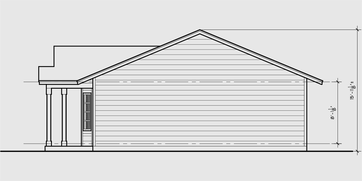 House rear elevation view for D-643 3 bedroom 2 bath ranch duplex house plan, D-643