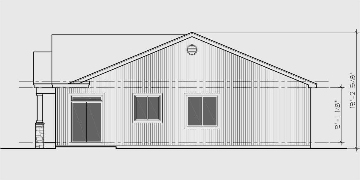 House rear elevation view for D-663 3 bedroom 2 bath ranch duplex house plan, with garage, D-663