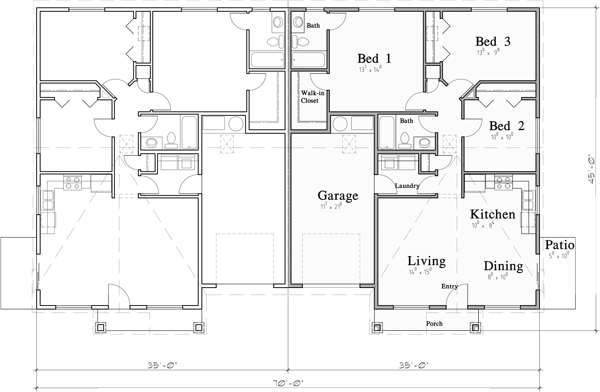 Main Floor Plan for D-663 Ranch Duplex House Plan: 3 Bedroom, 2 Bath, with Garage D-663