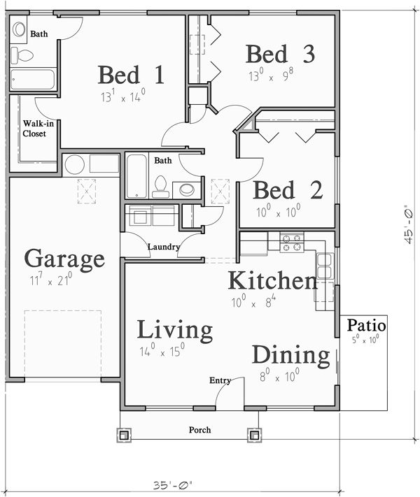 Main Floor Plan 2 for D-663 Ranch Duplex House Plan: 3 Bedroom, 2 Bath, with Garage D-663