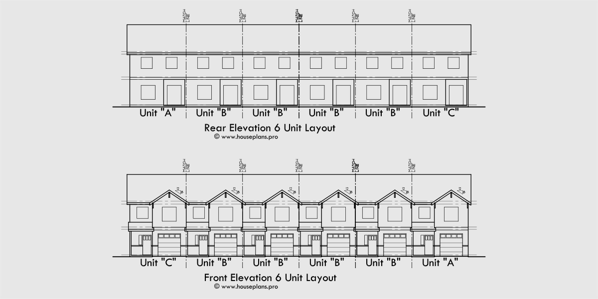 House rear elevation view for S-743 Craftsman town house plan, 3 bedroom 2.5 bath, with garage, S-743