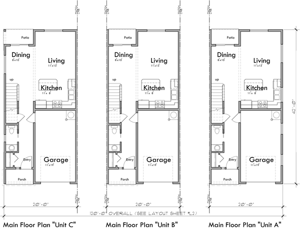 Main Floor Plan 2 for S-743 Craftsman Town House Plan: 3 Bedroom, 2.5 Bath, with Garage S-743